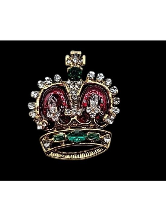 Estate Jewelry - Jeweled & Enamel Crown Brooch Pin Gold Tone Elegant Estate Jewelry